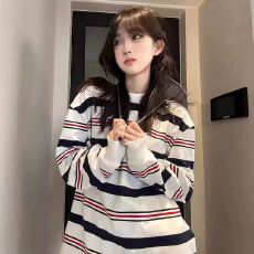 批发原版外贸棉鱼鳞 长袖卫衣女春季薄款宽松条纹圆领<b class='q'>上衣</b>