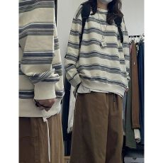 批发原版外贸韩版新款棉鱼鳞 条纹圆领薄款卫衣女春季撞色长袖