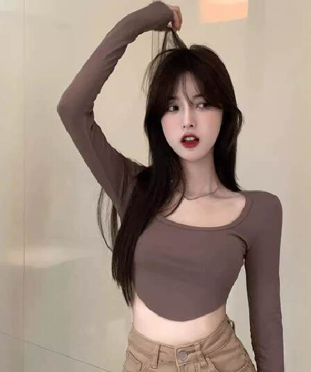 원본 품질 대외 무역 한국 스타일 새로운 리브 순수한 욕망 바람 티셔츠 몸매 가꾸기 긴팔 기본 셔츠 이슬 뼈의 핫걸 쇼트 스타일