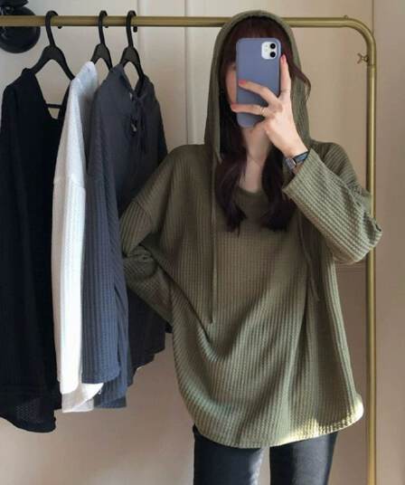 대외 무역 원본 후아 남편 그리드 가을 루즈핏 얇은 스타일 후드 풀오버 스웨트셔츠 여성 긴 소매