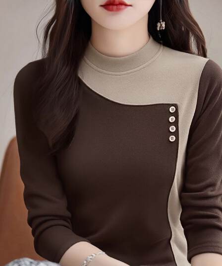 m-5xl 가을 겨울 새로운 양면 플리스 반하이넥 기본 셔츠 여성 긴 소매 패션 캐주얼 보온 티셔츠 맨위