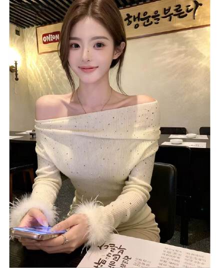 뮤 S 양모 미니멀리즘 핫픽스 오프숄더 긴팔 가을 편안함 다용도 슬림해 보이는 명문 여성 로얄 자매 맨위