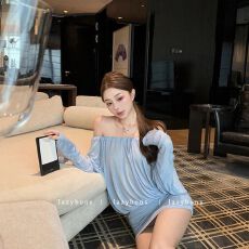 批发蓝色一字肩长袖<b class='q'>连衣裙</b>女春季显瘦收腰裙子<b class='q'>蝙蝠</b>袖纯欲辣妹包臀短裙