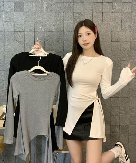 모달 사람들 면 260 그램 화이트 티셔츠 여성 가을 표지 고기 슬림해 보이는 긍정적 인 어깨 동정 트임 불규칙 맨위