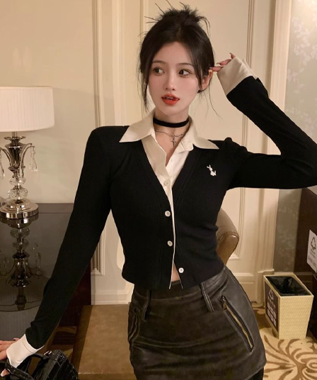 페이크 레이어드 긴팔 티셔츠 여성 가을 새로운 한국 스타일 작은 대중 오픈 가디건 맨위 소녀 몸매 가꾸기 Chic 기본 셔츠