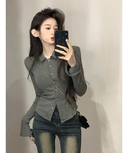 POLO 칼라 긴팔 티셔츠 여성 가을 새로운 아메리칸 디자인 센스 맨위 핫걸 몸매 가꾸기 인사이드 가져 가라. 기본 셔츠