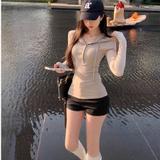 批发已出货 原版外贸韩版秋季新款辣妹修身半开扣连帽<b class='q'>卫衣</b>收腰长袖