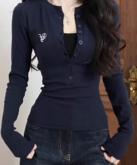 있음 선적 긍정적 인 어깨 단추 긴팔 티셔츠 여성 짧은 기본 셔츠 아메리칸 핫걸 몸매 가꾸기 맨위