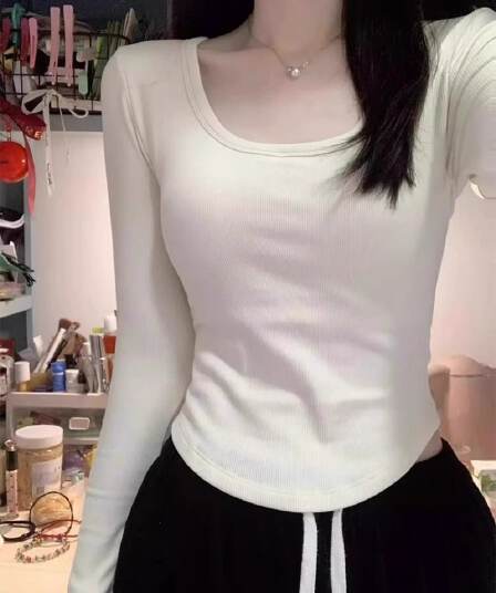 원본 대외 무역 한국 스타일 새로운 De 플러시 광장 칼라 긴팔 티셔츠 여성 가을 몸매 가꾸기 기본 셔츠