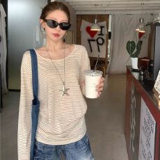 批发官图+原版做法韩系春季设计感撞色<b class='q'>条纹</b><b class='q'>长袖</b><b class='q'>T</b><b class='q'>恤</b>女