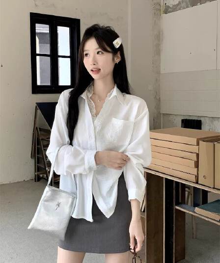 있음 선적 경관 그림 원본 품질 레이스 조각 페이크 레이어드 긴팔 셔츠 캐주얼 다용도 맨위
