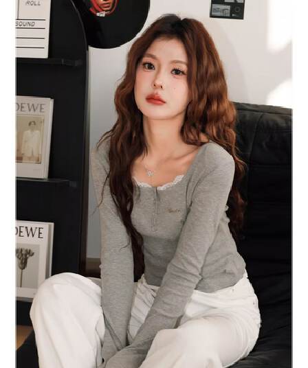있음 선적 경관 그림 원본 품질 페이크 레이어드 광장 칼라 긴팔 티셔츠 몸매 가꾸기 쇼트 스타일 인사이드 가져 가라. 기본 셔츠