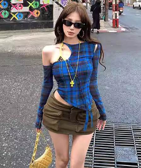 있음 선적 경관 그림 원본 것 파란색 체크무늬 불규칙 오프숄더 티셔츠 여성 몸매 가꾸기 긴팔 맨위