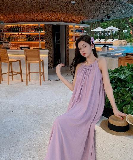 있음 선적 한국 스타일 보라색 행침 목 슬립 드레스 여름 여성 휴가 바람 루즈핏 슬림해 보이는 a 단어 길이 치마