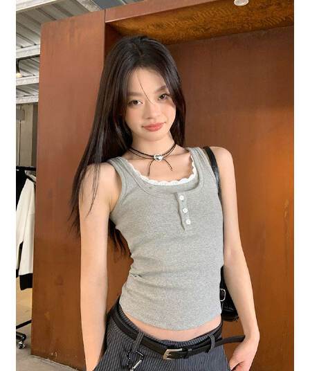 2 2 사람들 면 260 그램 레이스 측면 패치워크 단추 캐미솔 여름 새로운 페이크 레이어드 몸매 가꾸기 핫걸