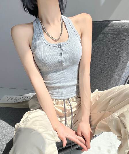 사람들 면 1 1 섹시함 행침 목 백리스 단추 작은 슬링 쇼트 스타일 조끼 여성 여름 민소매 인사이드 가져 가라. 외출용 맨위