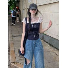 人棉藏蓝色蕾丝拼接方领正肩短袖t恤女夏季收腰袖短款上衣