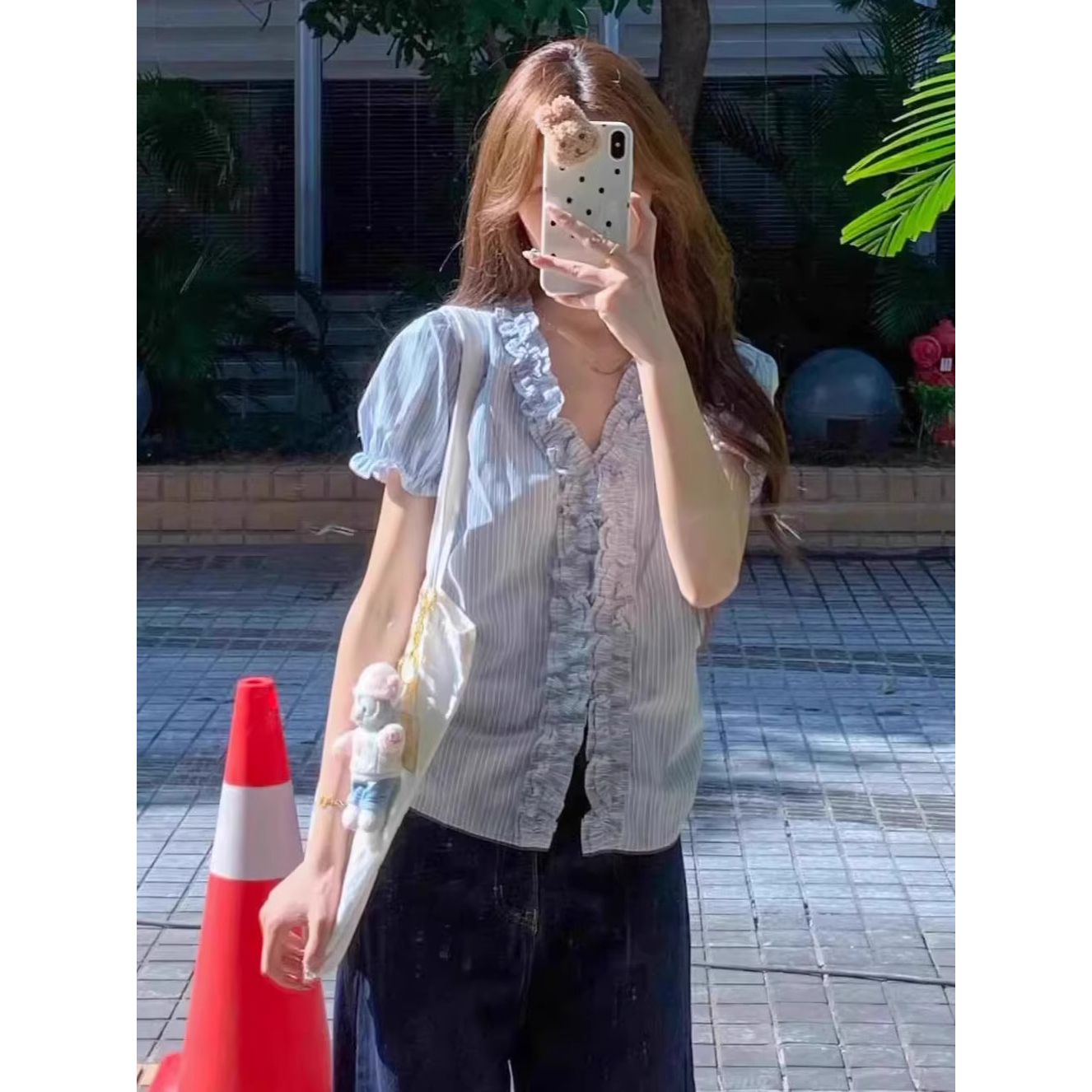 있음 선적 원본 여름 파란색 프릴 일본식 레트로 스트라이프 반팔 여성 셔츠 루즈핏 셔츠 맨위