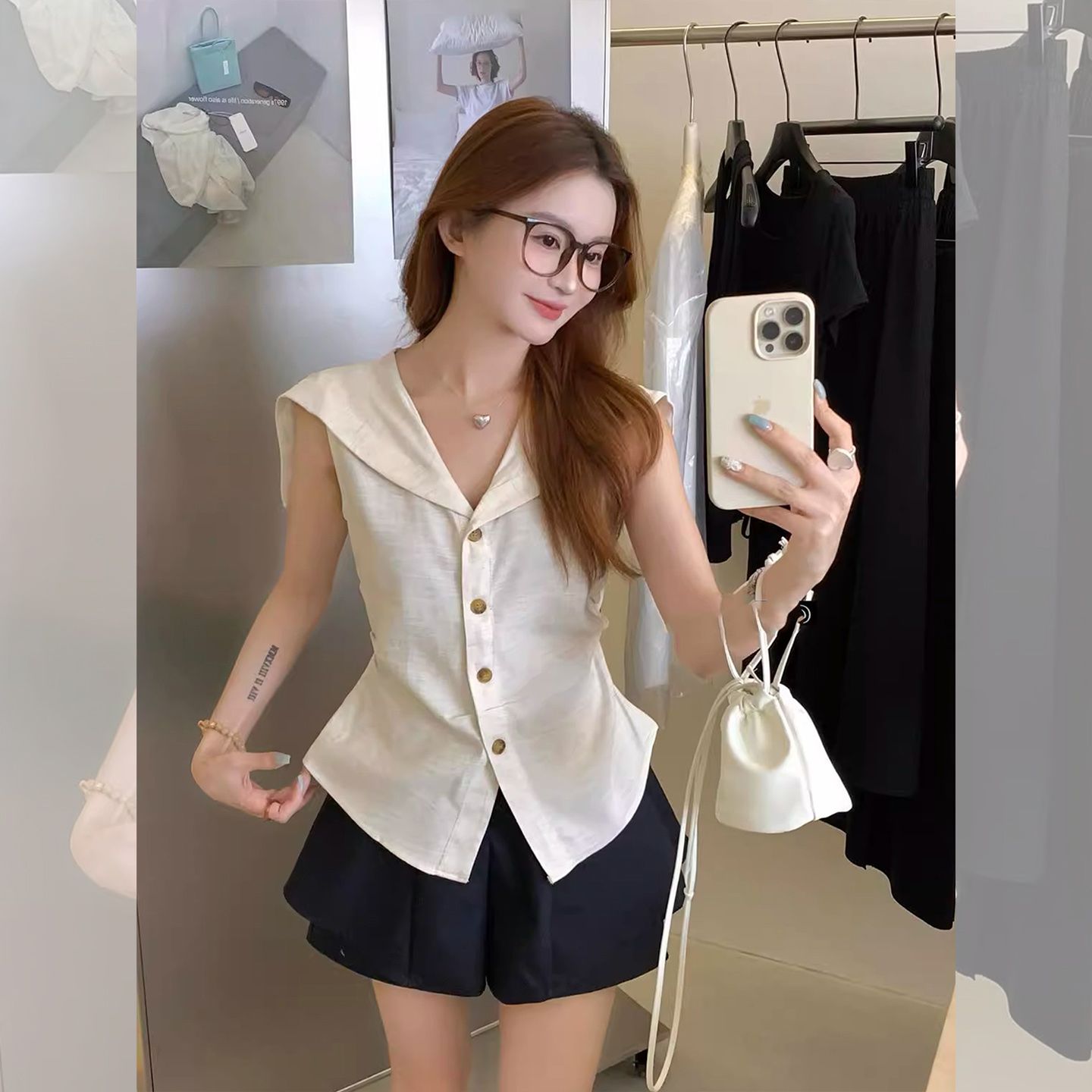 있음 선적 원본 해군 칼라 아마 민소매 베스트 여성 셔츠 여름 연령 감소 허리 수축 슬림해 보이는 작은 셔츠 맨위
