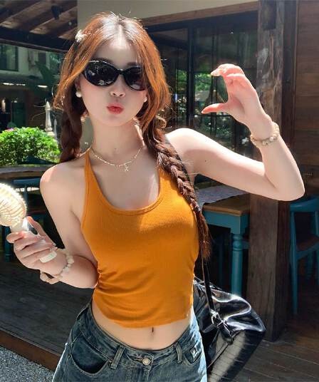 있음 선적 사람들 면 벨트 가슴 패드 황색 핫걸 행침 목 맨위 여성 여름 외출용 슬림해 보이는 캐미솔 벨트 가슴 패드