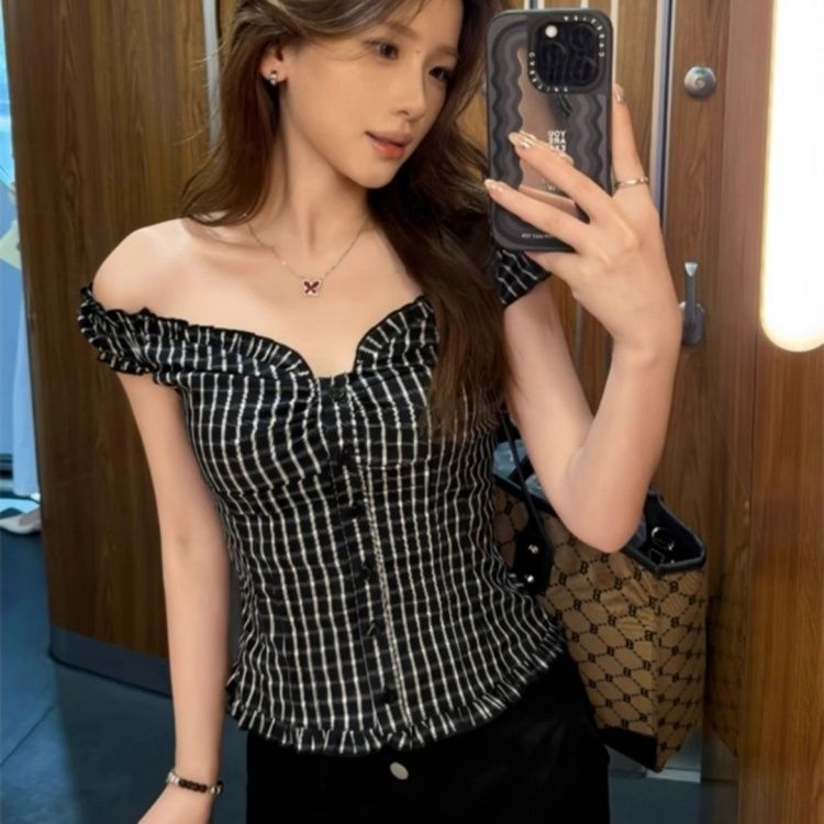 있음 선적 원본 흑인과 백인 그리드 레트로 체크무늬 한 단어 오프숄더 둘 착용 여성 셔츠 여름 허리 수축 달콤한 매운맛 맨위