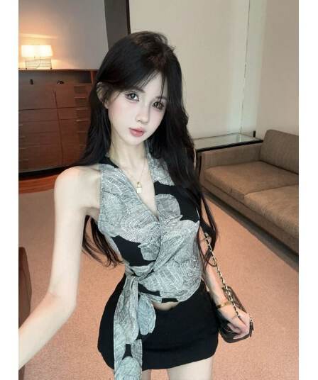 있음 선적 셔틀 제직 그리드 레트로 프린트 십자가 V넥 행침 목 캐미솔 여름 스트랩 몸매 가꾸기 핫걸 맨위
