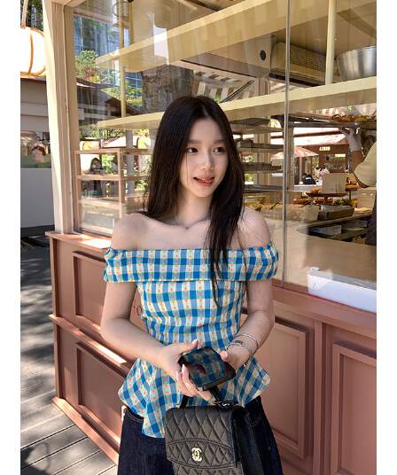 있음 선적 지퍼 네리 체크무늬 오프숄더 여성 셔츠 여름 한국 스타일 몸매 가꾸기 프릴 하이웨이스트 슬림해 보이는 맨위