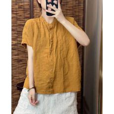 批发夏季新款百搭宽松休闲立领开衫大码女<b class='q'>文艺</b><b class='q'>范</b>休闲短袖棉麻衬衫上衣