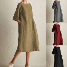 批发2026春夏季新款百搭宽松<b class='q'>大码</b>遮肉中长款连衣裙棉麻舒适短袖女裙子