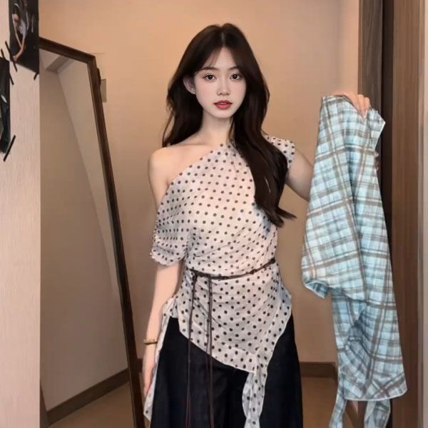 있음 선적 있음 벨트 한 부서 품격 도트 무늬 불규칙 반팔 티셔츠 배색 체크무늬 비스듬한 어깨 의류 여성 여름