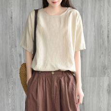 批发外贸出口韩版外单纯色T恤女洋气休闲文艺百搭圆领套头短袖上衣夏