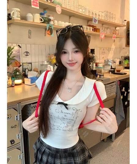 있음 선적 40 좋은 면 귀여운 새끼 고양이 긍정적 인 어깨 반팔 여성 여름 나비 매듭 달콤한 핫걸 쇼트 스타일 맨위