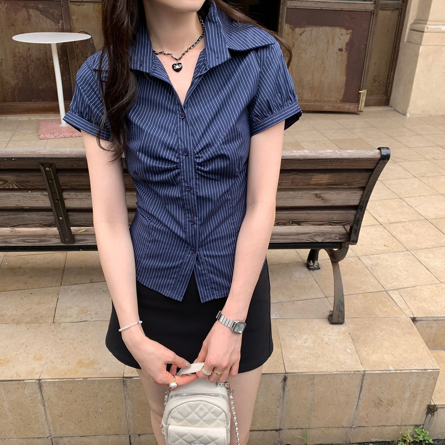 있음 선적 원본 컬러 짜임 기사 여름 POLO 칼라 해군 스트라이프 몸매 가꾸기 반팔 여성 셔츠 꼬집기 허리 위로 의류