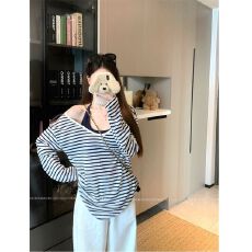 批发【原版雪花色织条】条纹斜肩长袖女夏吊带两件套<b class='q'>宽松</b>薄款防晒罩衫