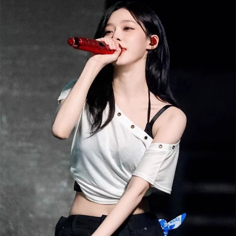 있음 선적 40 순면 일본과 한국 여성 단체 바람 핫걸 달콤한 차가운 개성 불규칙 오프숄더 반팔 맨위