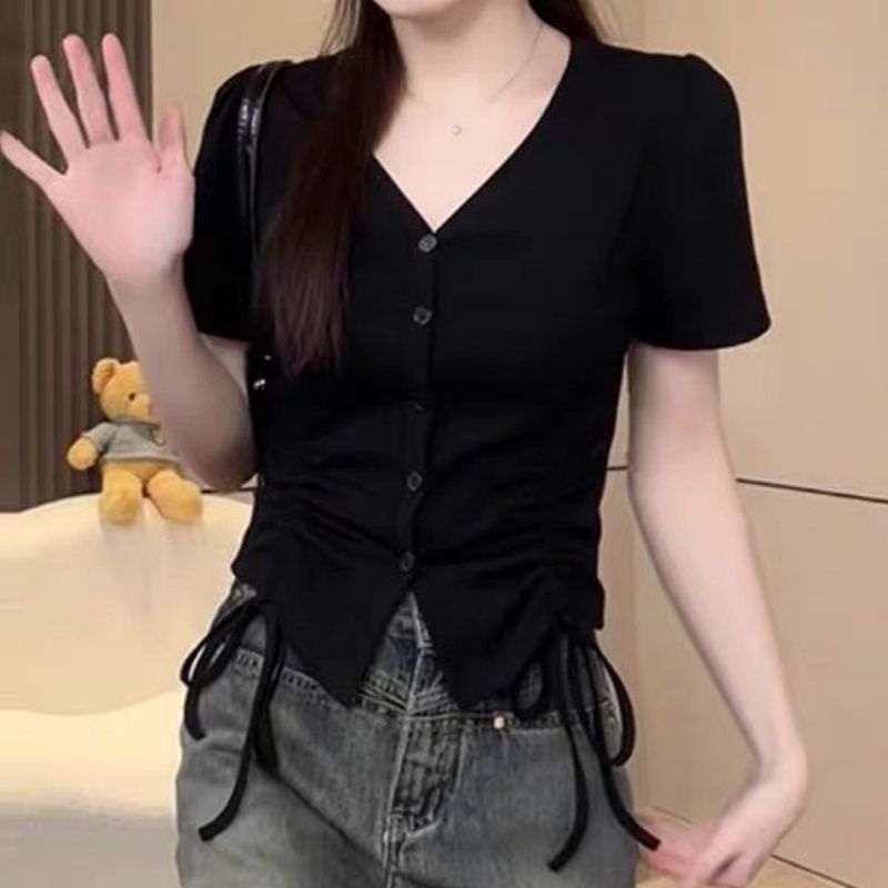 있음 선적 원본 이미지 40 순면 작은 샤넬 스타일 V넥 긍정적 인 어깨 반팔 순수한 욕망 고급 센스 허리 수축 chict 셔츠