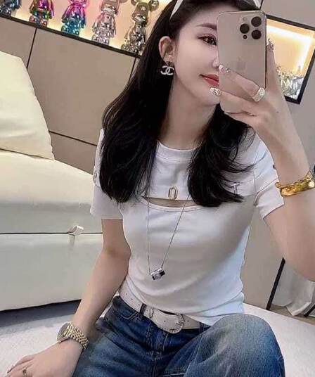 있음 선적 40 순면 1 1 슬림해 보이는 패션 다용도 라운드 넥 맨위 홀로우 아웃 몸매 가꾸기 알파벳 반팔 여성 티셔츠
