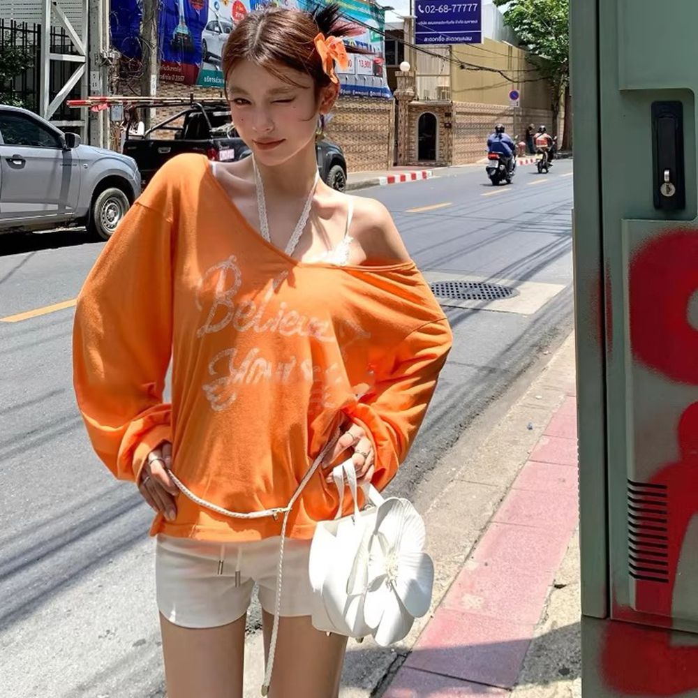 있음 선적 경관 그림 원본 것 빅 브이 넥 오프숄더 주황색 자외선 차단 블라우스 루즈핏 알파벳 긴팔 티셔츠