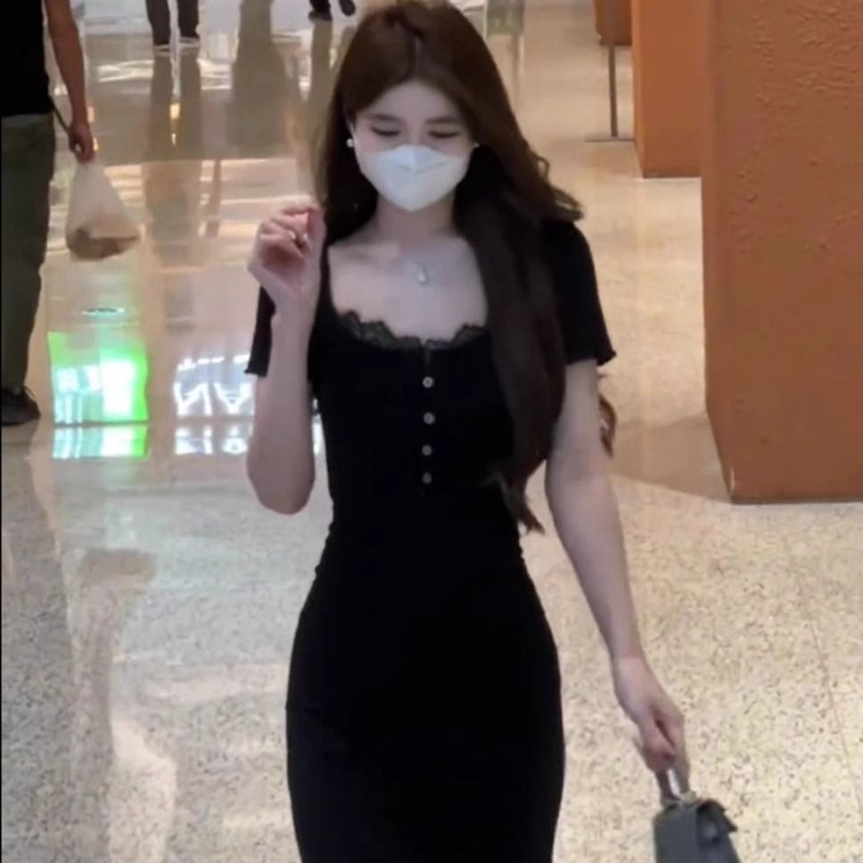 있음 선적 한국 스타일 그는 벤 바람 검정색 드레스 아이들 여름 새로운 작은 키 품격 인어 꼬리 타이트 스커트 롱 스커트