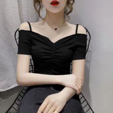 批发已出货 锁骨吊带一字领短袖短款上衣T恤女高腰夏季打底性感衣服