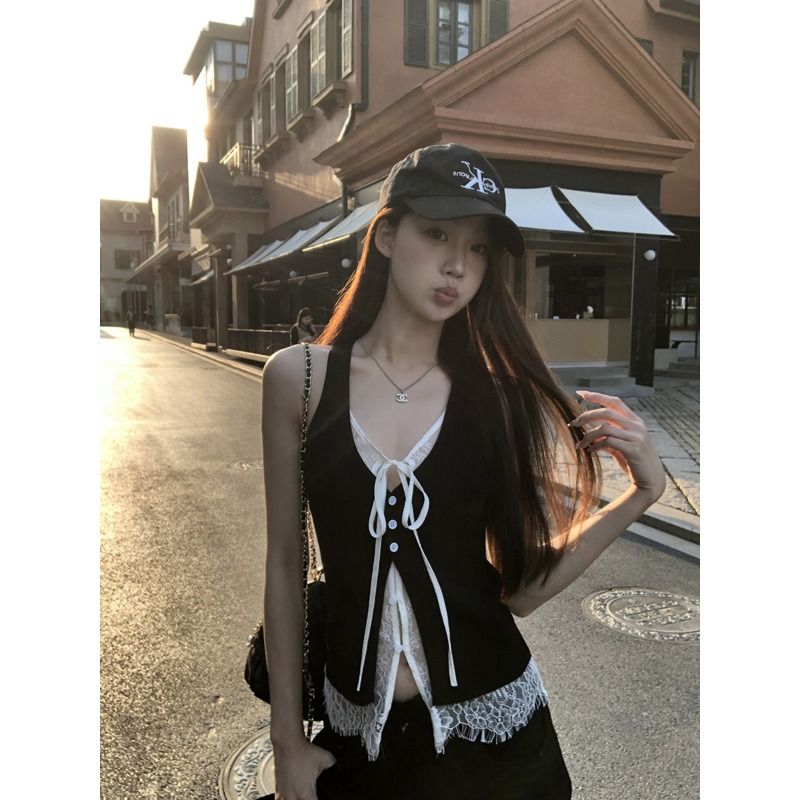 있음 선적 사람들 면 레이스 캐미솔 여름 핫걸 착용 가져 가라. 레이스 페이크 레이어드 민소매 맨위
