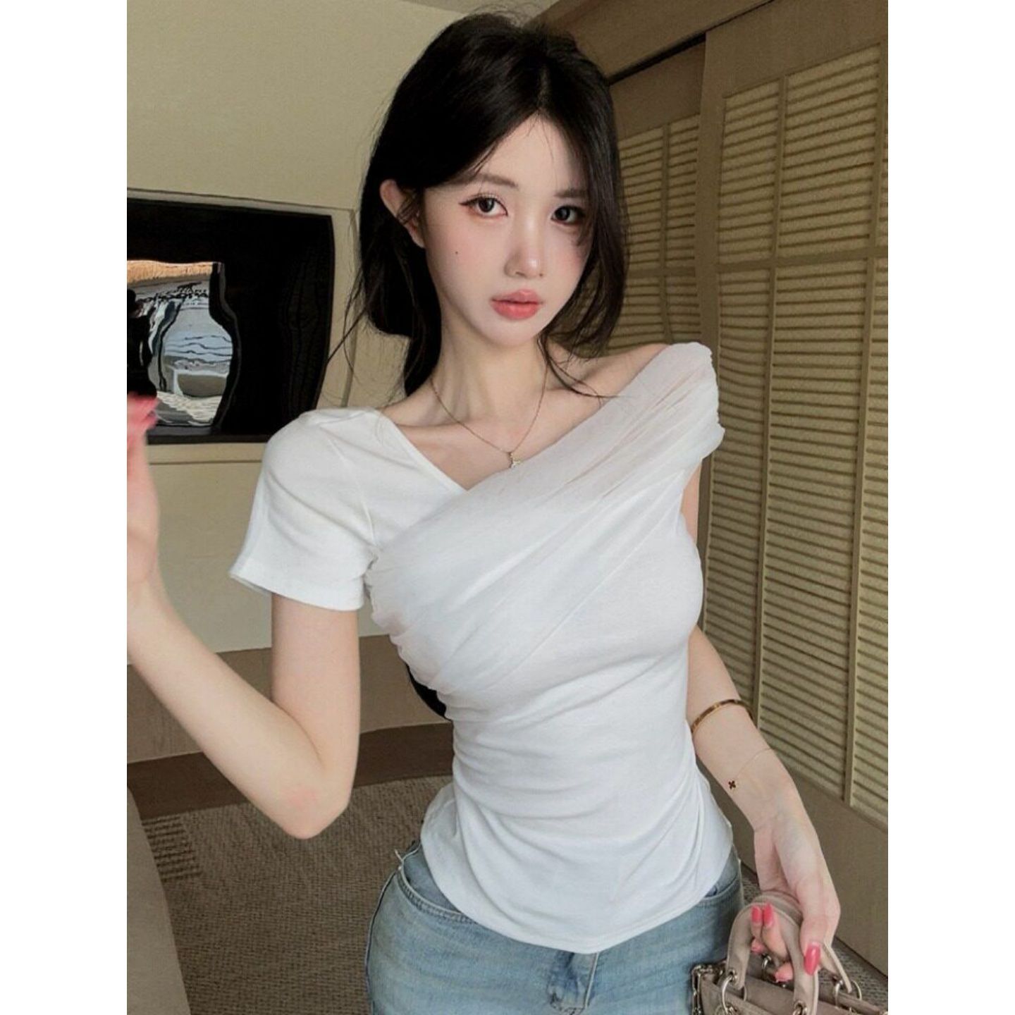 있음 선적 경관 그림 와 사고 방식 모달 260 그램 전체 바느실 핫걸 비스듬한 어깨 망사 패치워크 반팔