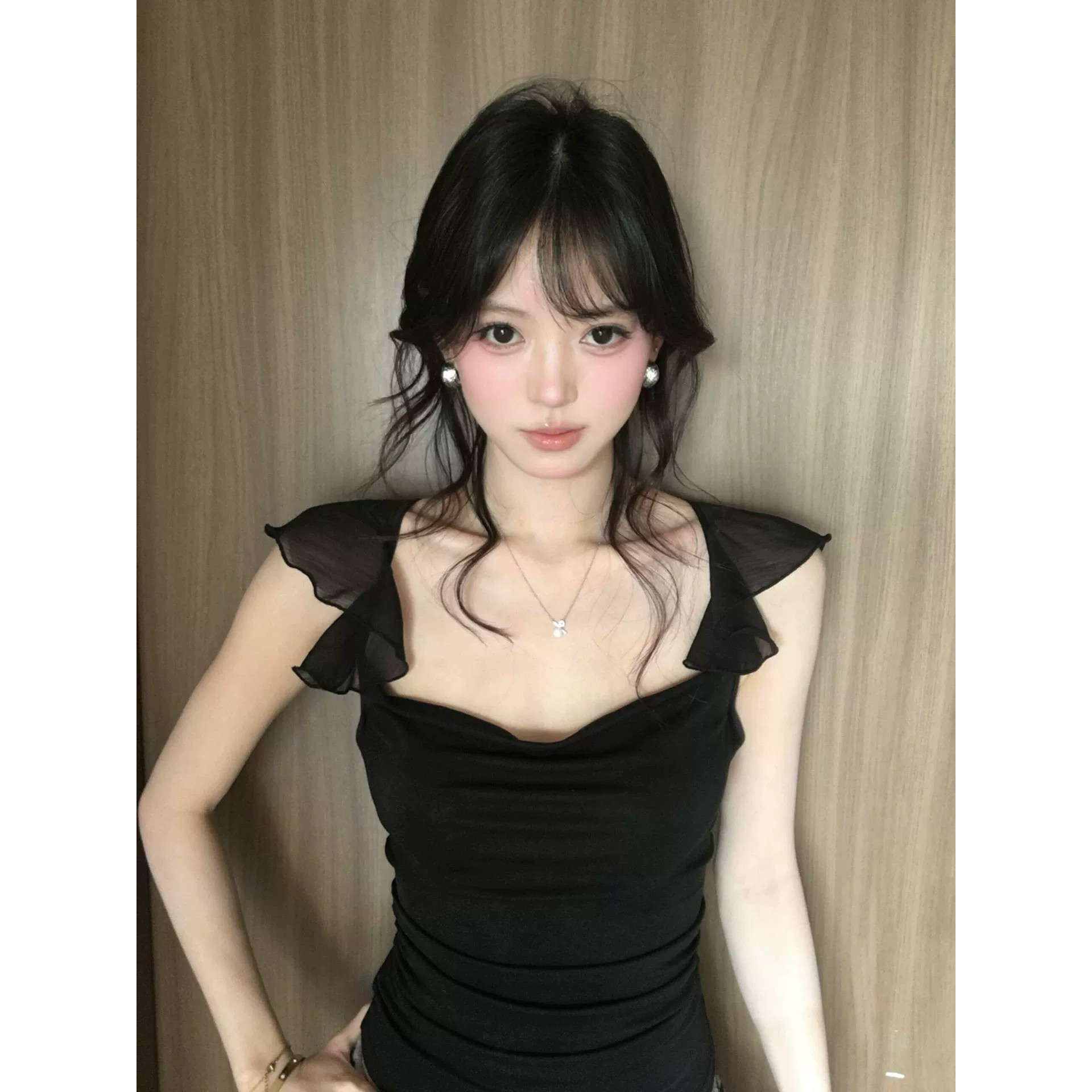 있음 선적 경관 그림 와 사고 방식 모달 260 그램 섹시함 핫걸 바람 패션 작은 날다 소매 흔들다 칼라 티셔츠