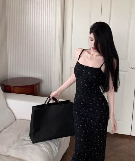 꽃무늬 슬립 여성 드레스 여름 핫걸 타이트 검정색 치마 허리 수축 섹시함 트임 타이트 스커트 롱 스커트