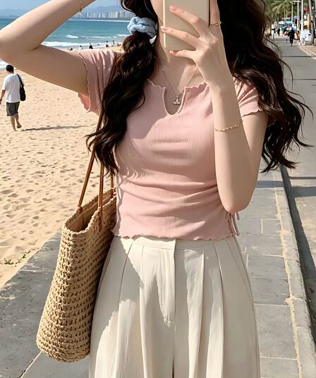 있음 선적 반팔 티셔츠 여성 여름 한국 스타일 작은 대중 불규칙 핫걸 몸매 가꾸기 쇼트 스타일 이슬 뼈의 프릴 맨위
