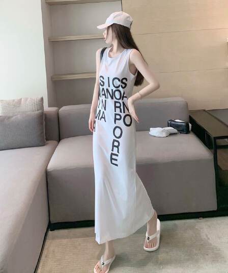 있음 선적 여름 새로운 민소매 알파벳 트임 롱 코트 한국 스타일 여성 드레스 루즈핏 느긋한 바람 무릎 아래 롱 스커트