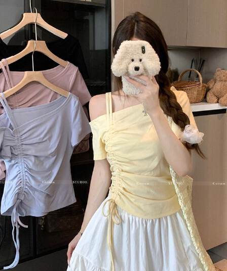 높음 폭탄 리브 디자인 센스 비스듬한 칼라 오프숄더 펌프 로프 맨위 여성 여름 작은 대중 Chic 허리 수축 슬림해 보이는 티셔츠