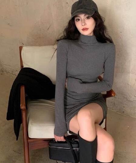 작은 대중 반하이넥 긴팔 여성 드레스 가을 겨울철 순수한 욕망 몸매 가꾸기 슬림해 보이는 기본 스커트 허리 수축 타이트 스커트 짧은 치마