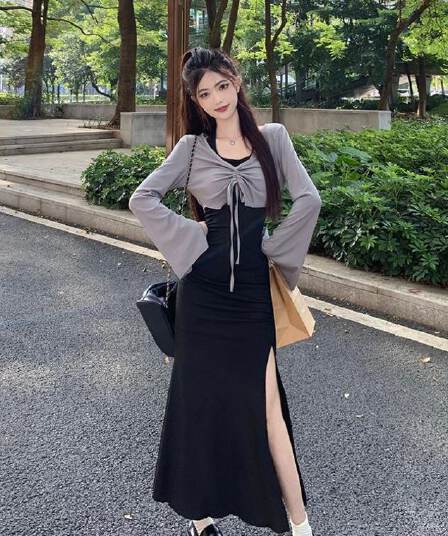 가을 의상 코디 에이즈 환자 세트 드레스 여성 이른 가을 새로운 검정색 행침 목 드레스 코디 긴팔 오픈 가디건 투피스 세트