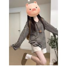 批发已出货 秋季新款韩版外贸慵懒风条纹大领口U领长袖T恤